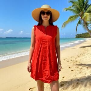 Women Shift Dress Size XS Linen Rayon Sleeveless V Neck Solid Rust Orange Casual